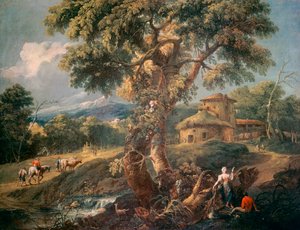 Fjelllandskap med mennesker og en elv, av Antonio Diziani (1738-1797), olje på lerret, 55x72 cm