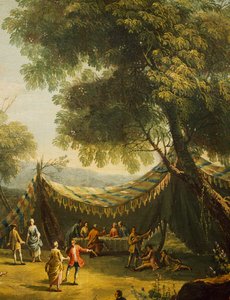 Telt på landsbygda med levende musikk, detalj fra våren, av Antonio Diziani (1737-1797), olje på lerret, 74x92 cm, Italia