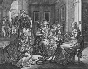Lucretia og hennes tjenerinner spinner, 1537-45.