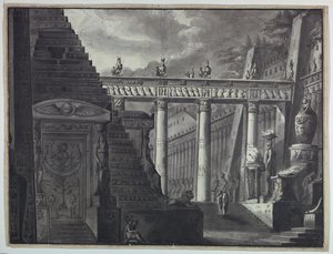 Scenedesign, gårdsplassen til et egyptisk tempel