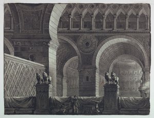 Scenedesign, interiør i orientalsk bygning av Antonio Giuseppe Basoli