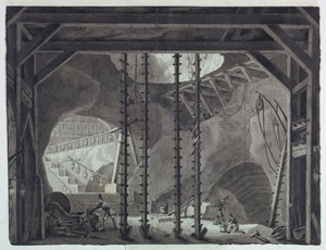 Scenedesign, menn som bygger bygning i hule