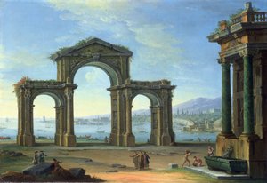 Havnescene med triumfbue (olje på lerret) av Antonio Joli