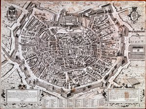 Bykart over Milano redigert av Antonio Lafreri (Lafrery eller Lanfrerius) (1512-1577) i 1573. Dette er det eldste kartet i byen. Milano, Milano Museum - Kart over Milano. Det eldste kartet over byen i 1573, redigert av Antonio Lafreri. Italia, Milanos muse