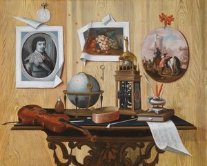 Trompe l"oeil av et trykk og to malerier, en nøkkel, en fiolin, en globus, en klokke, et noteark og andre gjenstander på et bord av Antonio Mara