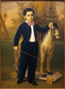 Portrett av en liten gutt med en trehest. Maleri av Antonio Maria Esquivel (1806-1857), Olje på lerret, ves 1851. Museum of Fine Arts i Sevilla, Spania.