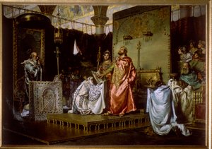 Tredje råd i Toledo (589) - konvertering av Recarede I (559-601) til katolisisme - Konvertering av gjensidig til katolisisme ved råd III i Toledo, 589 - Maleri av Munoz Degrain, Antonio (1840-1924)
