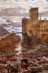 Utsikt over et romantisk slott. Maleri av Antoni Munoz i Degrain (1841-1924). Begynnelsen av det 20. århundre. Valencia. Museum of Fine Arts San Pio V.