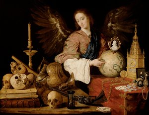 ""Allegorie de la Vanite"" (""Allegory of Vanity") Detalj av forfengelighet og et slukket lys - Maleri av Antonio de Pereda y Salgado (1611-1678) 1634 Dim 139,5x174 cm Wien, Kunsthistorisches Museum