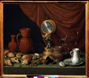 "Stilleben med klokke" Pendel, mugge, skjell, nøtter, krystallglass. Maleri av Antonio de Pereda y Salgado (1611-1678) 1652 Pushkin-museet, Moskva