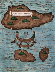 Islas de los Ladrones (i dag Mariana Islands), farget tresnitt fra Rapport om den første reisen rundt om i verden med Ferdinand Magellan av Antonio Pigafetta