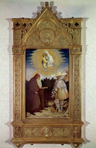 Jomfruens åpenbaring for den hellige Antonius Abbe (den hellige Antonius den store (250/251-356) (eller den hellige eremitten Antonius) og den hellige Georg. Maleri av Antonio di Puccio Pisano dit Pisanello (1395-1455)