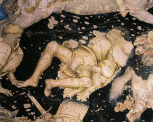 Chivalresque emne, detalj fra Tournament-Battle of Louvezerp, av Antonio Pisanello (1395-1455), fresco. Palazzo Ducale i Mantua. av Antonio Pisanello