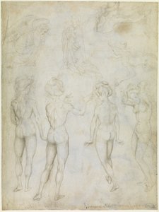 Fire studier av en kvinnelig nakenhet, en bebudelse og to studier av en kvinne som svømmer, ca. 1425 (metallspiss, penn og blyant i brunt på pergament) av Antonio Pisanello