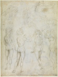 Fire studier av en naken kvinne, en kunngjøring og to studier av en kvinne som svømmer, ca. 1425 av Antonio Pisanello