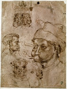 Fire menns hoder, hvorav to har tre ansikter. En altertavle. En hest. Tegninger fra verkstedet til Antonio di Puccio Pisano dit Pisanello (1395-1455). Brunt blekk, penn (tegning), blod. Mål: 27,1x20,5cm. Louvre, Cabinet des medailles. av Antonio Pisanello
