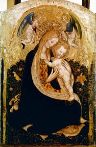 Madonnaen har vaktel Detrempe på tre av Pisanello (Antonio Pisano) (ca. 1380-1455). 1420 ca. Dim.50x33 cm Verone, Castevecchio Museum - Madonna with a Quail, av Antonio Pisano a.k.a Pisanello (1380-c.1455)., Tempera på tre, 50x33 cm av Antonio Pisanello