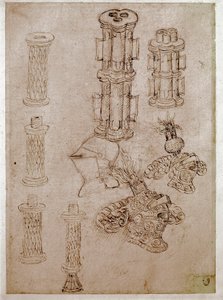 Tre hjelmer toppet med kister og to våpenstykker demolert. Tegning av Antonio di Puccio Pisano dit Pisanello (1395-1455) Brunt blekk, svart stein, fjær. Mål: 28,7x20,6cm. Louvre, tegnefirma av Antonio Pisanello