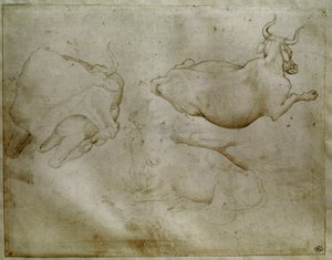 To kyr og en einer. Tegning av Antonio di Puccio Pisano dit Pisanello (1395-1455). Rull, metallspiss. Høyde: 17,6 cm. Louvre, Cabinet des medailles av Antonio Pisanello
