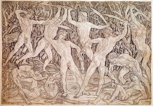 Nakne menn slåss. Gravert av Antonio Pollaiuolo (Pollaiolo) (1432-1498)