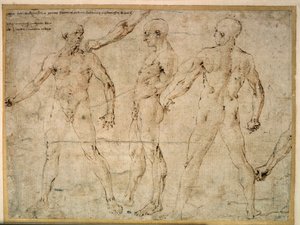 Tre nakne menn. Tegning av Antonio Pollaiuolo (Pollaiolo) (1432-1498)