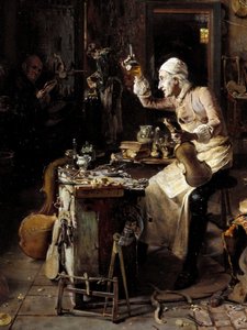 Detalj av: "" Den italienske luthier Stradivarius (1644-1737) i verkstedet hans"" Maleri av Antonio Rinaldi (1800-tallet) 1886 Cremone, Museo Civico av Antonio Rinaldi
