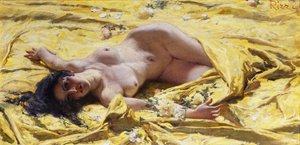 Naken på gule laken. av Antonio Rizzi
