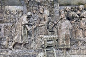 Columbus and the Catholic Kings, detalj av presentasjonen av Columbus til de katolske kongene på Salon del Tinell i Barcelona (bronse) av Antonio Susillo Fernandez