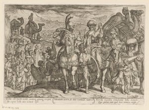Abraham tar med seg Lot og hans familie til sitt eget land Abraham Loth, et familia reducit (tittel på objekt) Det gamle testamente kampscener (serietittel) av Antonio Tempesta