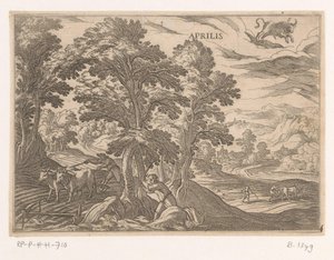 april: pløying og såing (okse) Aprilis (tittel på objekt) De tolv månedene (del 2) (serietittel) av Antonio Tempesta