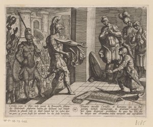 Cerialis tilgir romerske soldater som hjalp Julius Civilis De bataviske krigene mot romerne (serietittel) Batavorum cum Romanis Bellum (serietittel) av Antonio Tempesta