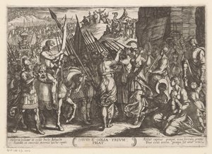 David kommer triumferende tilbake med hodet til Goliat David e Golia triumfat (tittel på objekt) Det gamle testamente kampscener (serietittel) av Antonio Tempesta