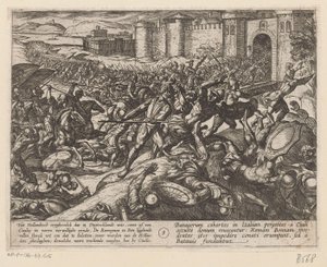 Romerne blir beseiret av de nederlandske troppene ved Bonn De bataviske krigene mot romerne (serietittel) Batavorum cum Romanis Bellum (serietittel) av Antonio Tempesta
