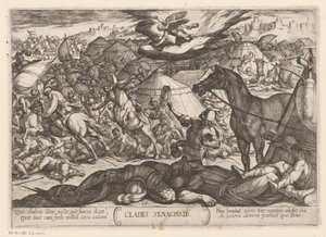 Dødens engel erobrer Sanheribs hær Clades Senachrib (tittel på objekt) Det gamle testamente kampscener (serietittel) av Antonio Tempesta
