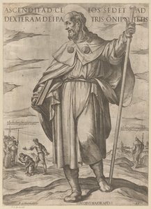 De heilige Jakobus de Meerdere Oppsteget til himmelen sitter ved Gud den allmektiges høyre hånd (tittel på objekt) Christus, Maria en de apostelen (serietittel) av Antonio Tempesta
