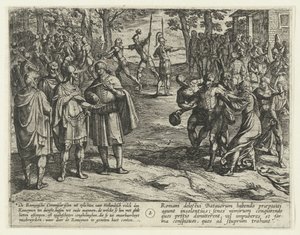 De gamle bataviske mennene kjøper av seg tjenesten til romerne, 69-70 The Batavian Revolt (serietittel) Batavorum cum Romanis Bellum, à Corn. Tacito / The Batavian Oft Oude Hollandtsche Krijghe teghen de Romeynen (serietittel på objekt) av Antonio Tempesta