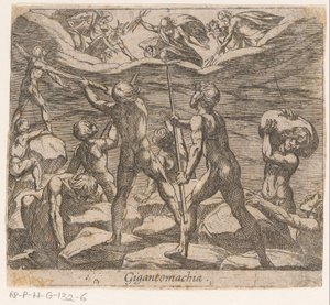 Kjempene prøver å angripe Olympus Gigantomachia (tittel på objekt) Metamorphoseon sive transformationum (serietittel) Metamorphoses of Ovid (serietittel) av Antonio Tempesta