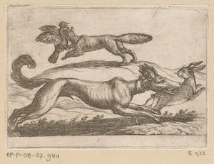 En rev angriper en kylling og en hund angriper en hare Kampdyr (serietittel) av Antonio Tempesta