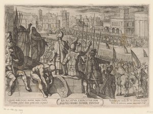 Elisja bringer den blindede syriske hæren til Israels konge Excae catur exercitus, dum eliseo manus inferre tentat (tittel på objekt) Det gamle testamente kampscener (serietittel) av Antonio Tempesta