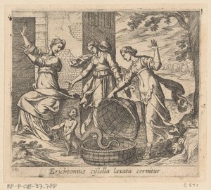 Erichthonius uit zijn mand gelaten Erichthonius blir sett med en løs kurv (tittel på objekt) Metamorfoseon eller transformasjoner (serietittel) Metamorfosen van Ovidius (serietittel) av Antonio Tempesta