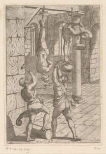 Tortur med hammere mens de henger Tortur påført av kristne martyrer (serietittel) Varia tormentorum et supplicioru crudelium (...) (serietittel) av Antonio Tempesta