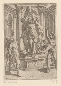 Tortur med kjepper med skarp spiss Tortur påført av kristne martyrer (serietittel) Varia tormentorum et supplicioru crudelium (...) (serietittel) av Antonio Tempesta