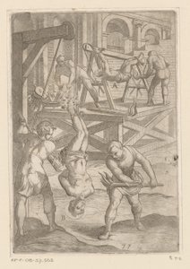 Tortur: Henging og brenning Tortur påført av kristne martyrer (serietittel) Varia tormentorum et supplicioru crudelium (...) (serietittel) av Antonio Tempesta