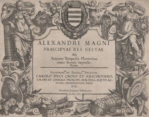 Frontispice til livet til Alexander den store, til venstre er Bellona og til høyre en kvinne ..., 1608. av Antonio Tempesta