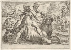 Hercules og Achelous: i sentrum griper Hercules hornene til en okse mens han trykker på ri..., 1608. av Antonio Tempesta