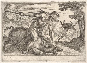 Hercules and the Boar of Erymanthus: Hercules holder ned villsvinens tryne med venstre ha..., 1608. av Antonio Tempesta