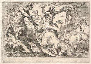 Hercules and the Centaurs: Hercules holder hodet til en kentaur med venstre hånd og hånd..., 1608.