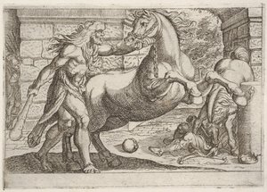 Hercules and the Mares of Diomedes: Hercules griper tøylen til en oppveksthest, en sekund..., 1608.
