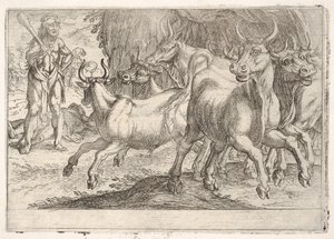 Hercules and the Oxen of Geryones: med en kølle hevet av høyre hånd, konfronterer Hercules..., 1608. av Antonio Tempesta