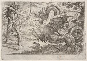 Hercules and the Serpent Ladon: Hercules trekker buen, den oppdrettende slangen dukker opp i pro..., 1608.